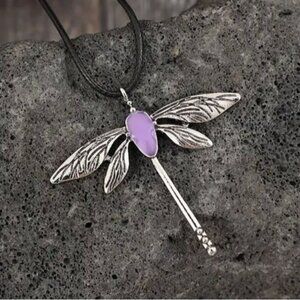 Silver Tone Dragonfly Pendant Necklace Purple Enamel Black Cord